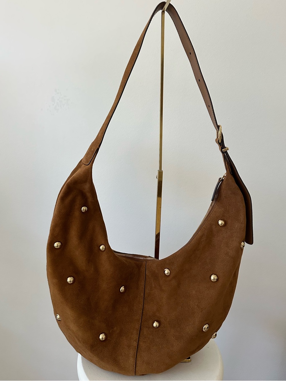 Madewell Essential Curved Hobo Bag - Brown Suede Hobo with Gold Studs